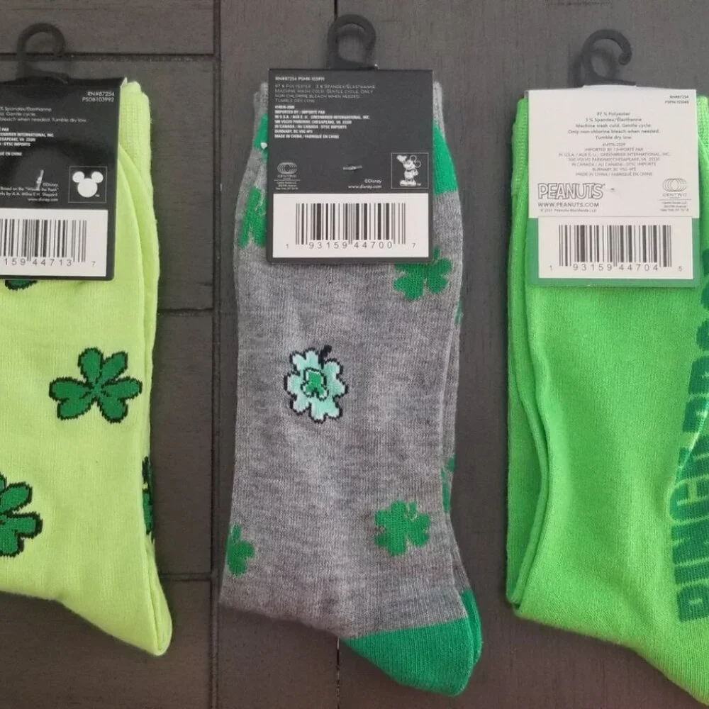 Disney & Peanuts St. Patrick's Day Assorted 3-Pair Adult Novelty Crew Socks Lot